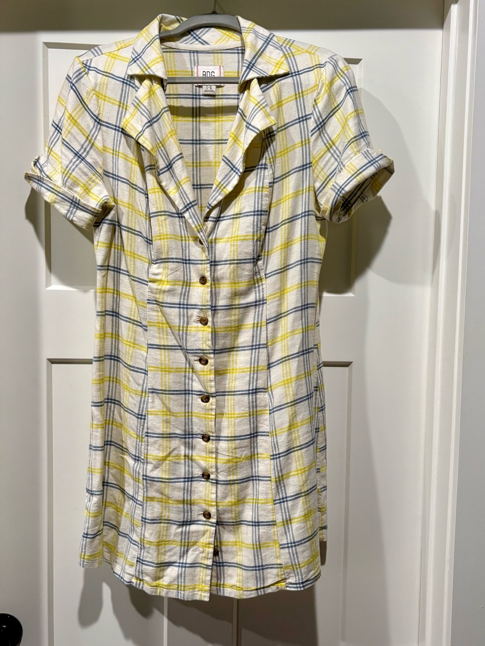 BDG White Plaid Shirt with Yellow and Blue Stripes
